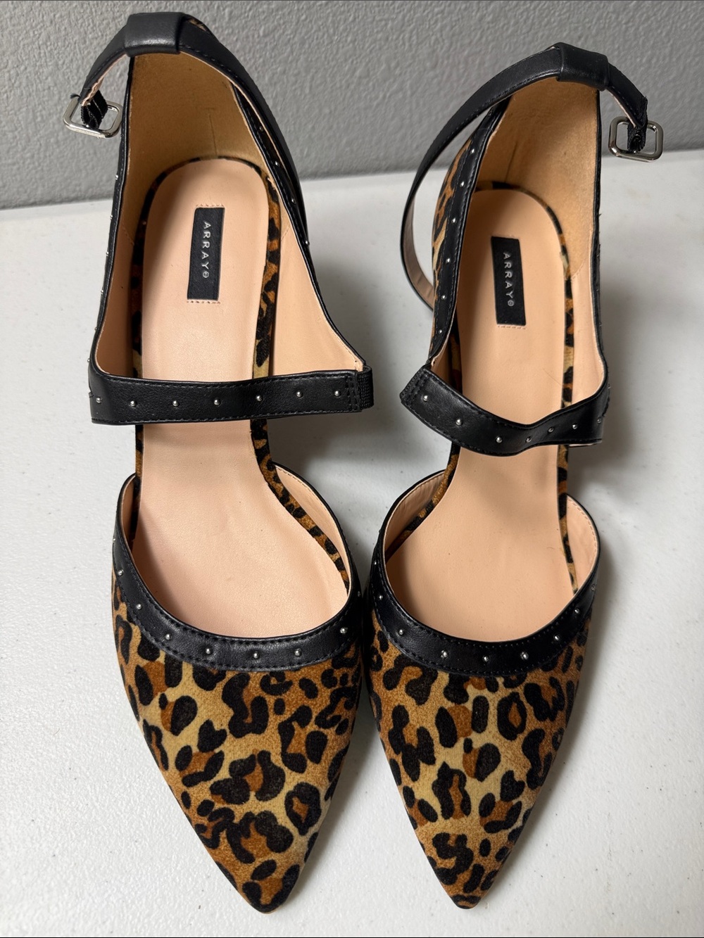 Array Leopard Print Pointed Flats with Black Studded Ankle Straps